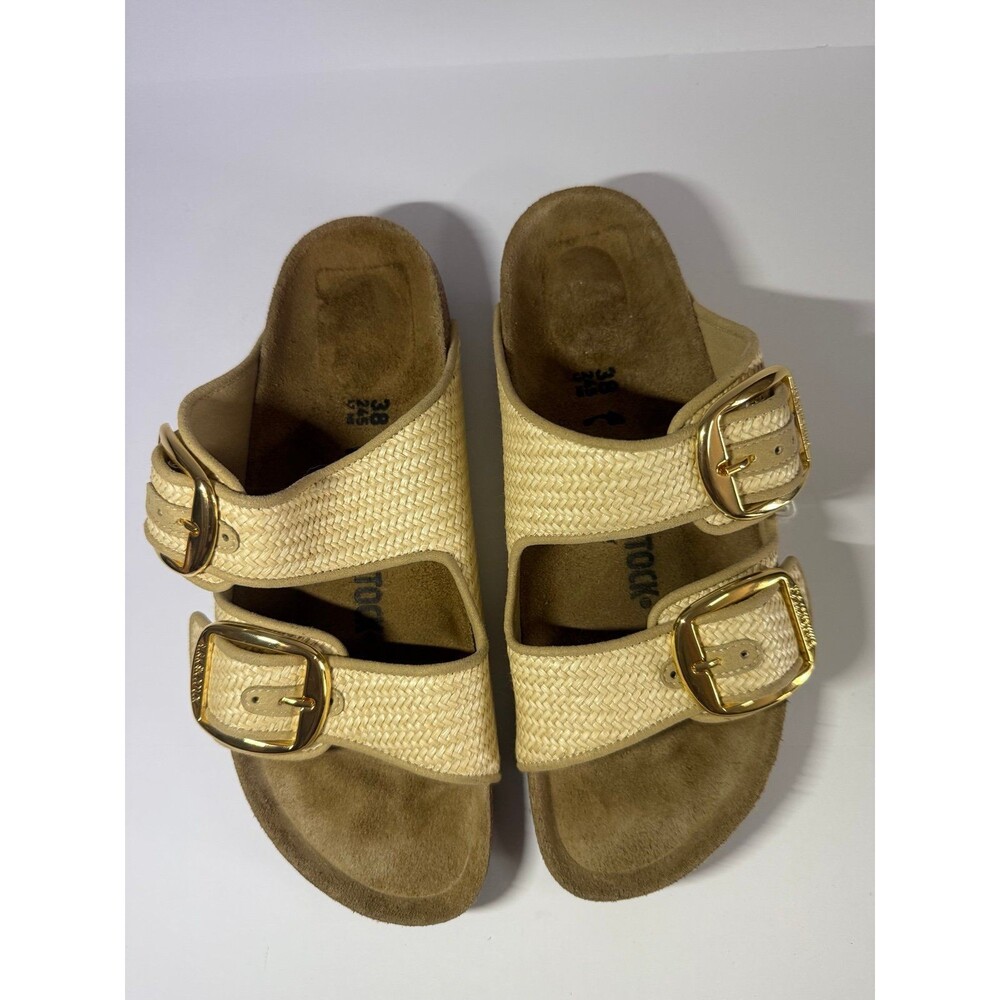 Birkenstock Cream raffia Arizona Woven Double-Buckle Sandals with Gold Buckles